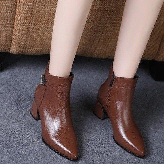 Новые модные женские ботинки с острым носом, модные ботинки на толстом каблуке в стиле ретро, ​​модные темпераментные ботинки с короткими рукавами