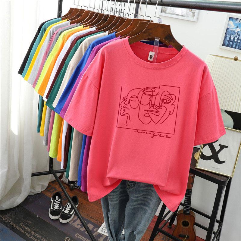 Hirsionsan Fashion Abstract Line Printed T Shirt Women Funny Graphic Soft Loose Female Tees Cotton Summer Casual Tops Khaki Tshirts 2021