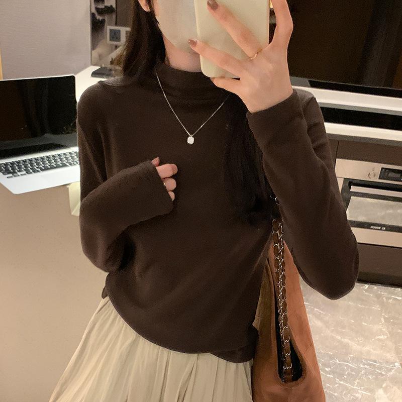Однотонная рубашка с воротником-полуворотом для женщин на осень и зиму, новая облегающая футболка с короткими внутренними длинными рукавами, универсальный топ