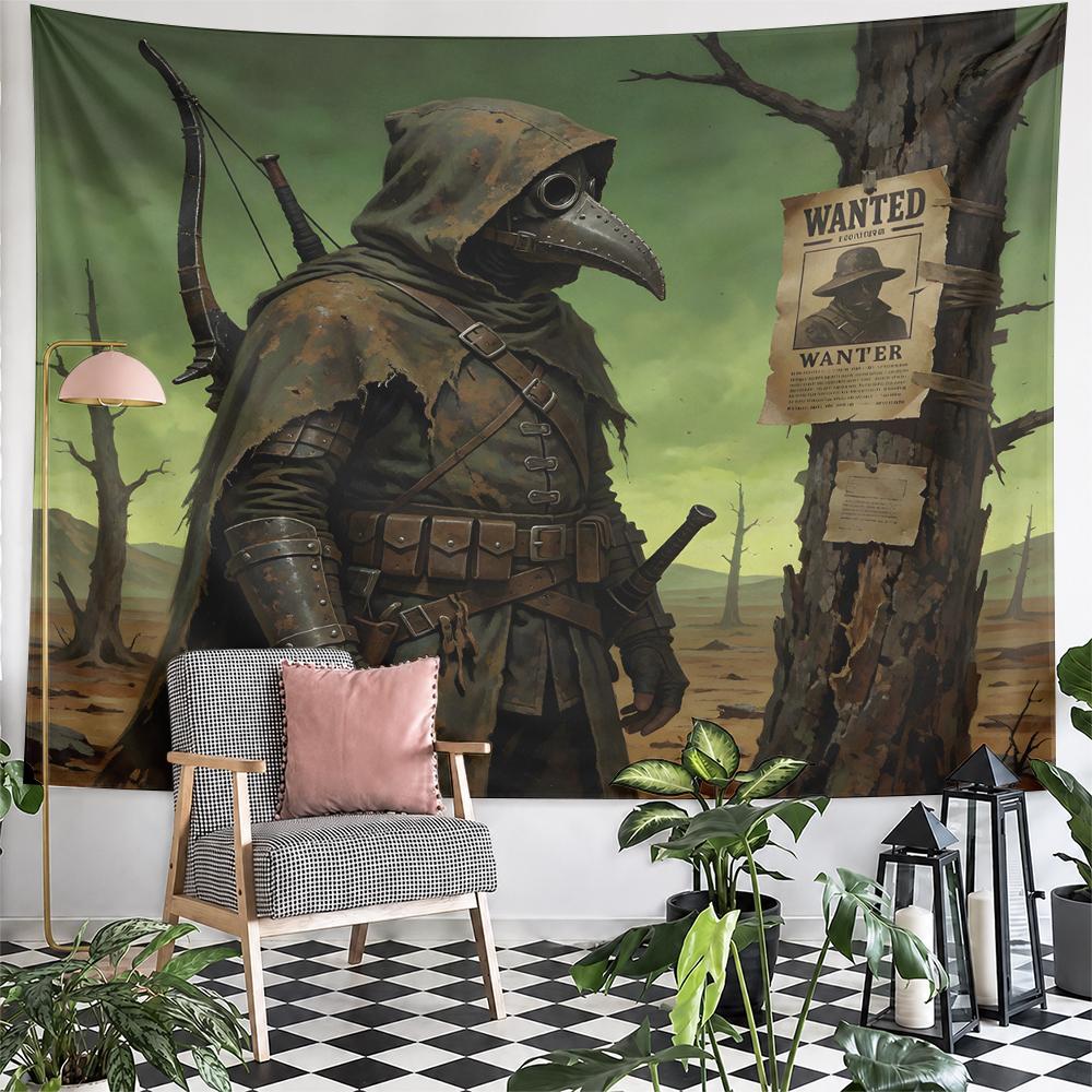 Gothic Plague Doctor With Beak Mask Hood Bow Wasteland Wall Tapestry Dark Fantasy Medieval Art Decor for Bedroom Man Cave Game Room Gift