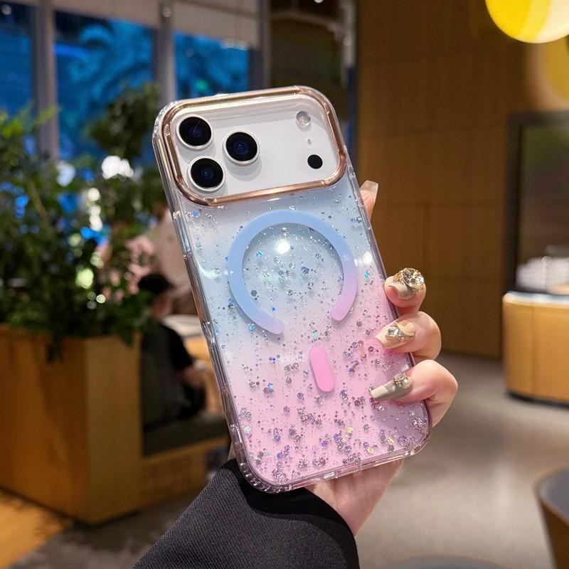 Magnetic Snap-On Phone Case IPhone 17 Pro Max 16 15 With Shockproof Protection Sparkle Finish Acrylic Metal Hybrid