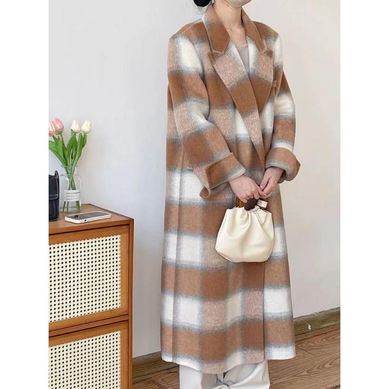 Новое осенне-зимнее клетчатое двухстороннее шерстяное пальто длинное корейское свободное повседневное шерстяное пальто