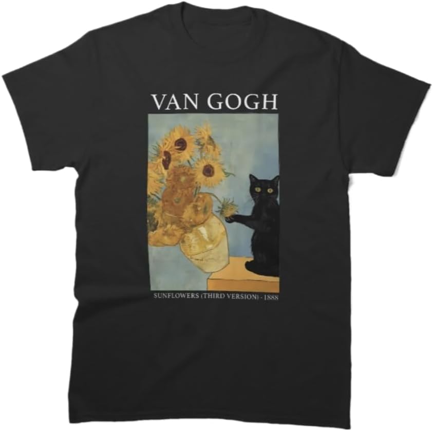 Funny Cat with Sunflowers Parody Classic Art Graphic T-Shirt Unisex 100% Cotton Crew Neck Short Sleeve Casual Tee
