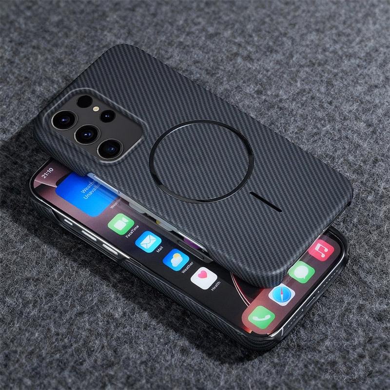 Магнитный чехол из углеродного волокна Samsung S26 Ultra с вращающейся подставкой