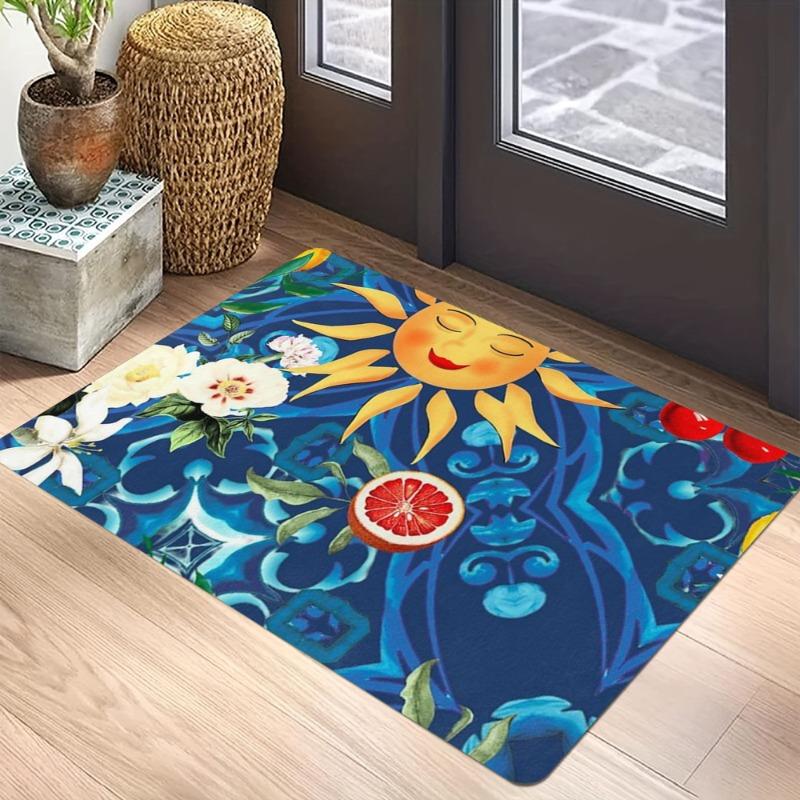 Bohemian Geometric Floral Carpet Mat Rug Blue Sunflower Smiley Sun Fruit Home Decoration Living Room Entryway Modern Vintage
