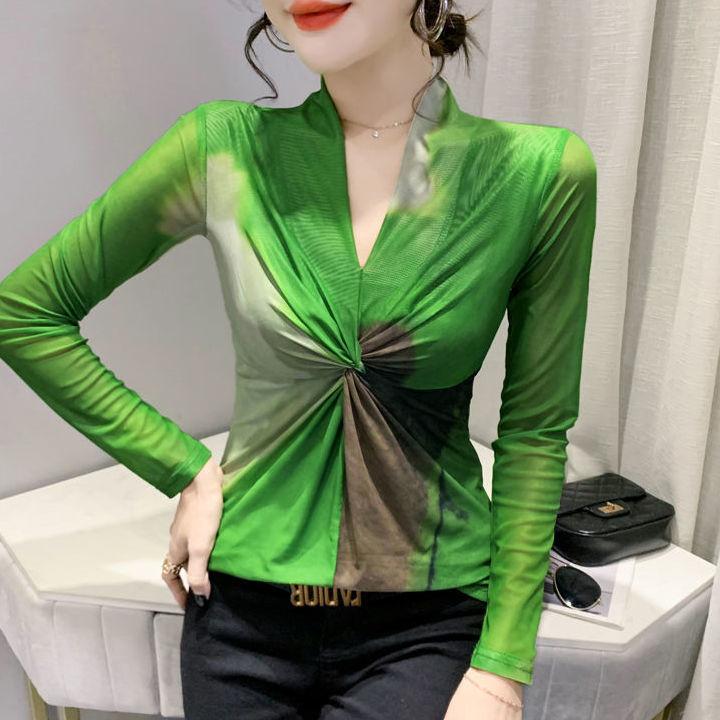 Women's Sexy V-neck T-shirt Long-sleeved Spring Fashion Tie-dyed Mesh Top Breathable Slim Bottom Shirt