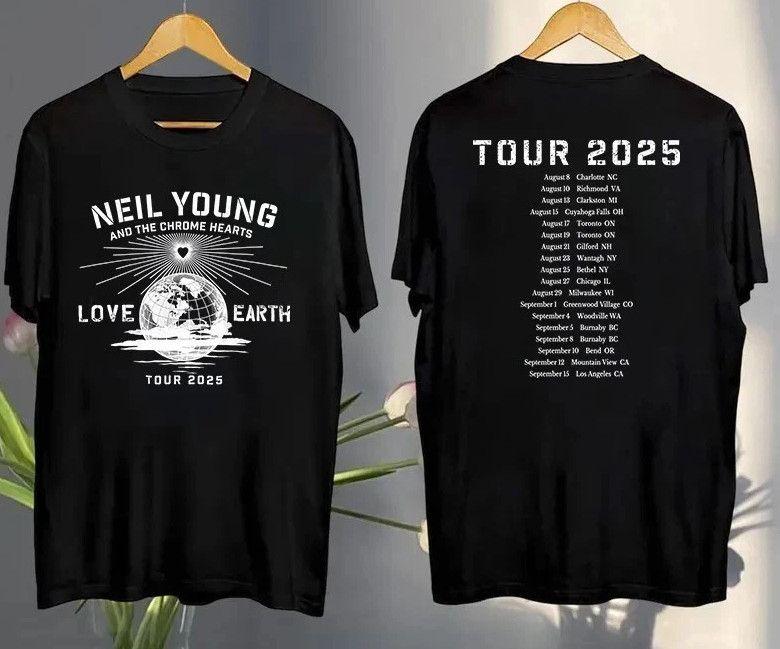 Унисекс рубашка Хлопок Оверсайз Большой размер НОВАЯ!!! Нил Янг Love Earth Tour 2025 Фан-мейд репринт Футболка с двусторонней печатью