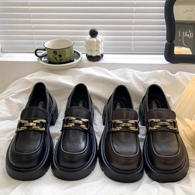 2025 весна новая универсальная французская круглая голова толстый каблук платформа британские одинарные туфли черные ретро лоферы маленькие кожаные туфли женские