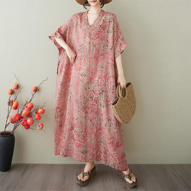 Dimanaf 2025 Summer Plus Size Dress Women Casual V-Neck Vintage Shirt Dress Loose Basic Printing Linen Dress