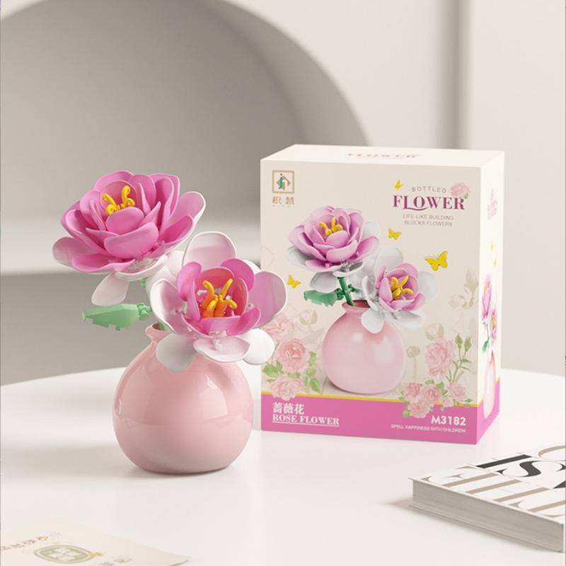 Building Block Pot Plant Bouquet of Flowers, Roses, Lily Building Blocks, Toys with Flower Pots, Cute Living Room Ornaments Gift