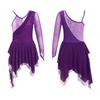 Kids Girls Stylish Dance Dress Single Long Sleeve Mesh Irregular Hem Contrast Color Skating Leotard Dress