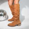 Fashion Pleated Knee High Long Boots for Women 2024 Autumn Winter Pointed Toe Thick Heels Cowboy Boots Woman Slip On Brown Western Shoes