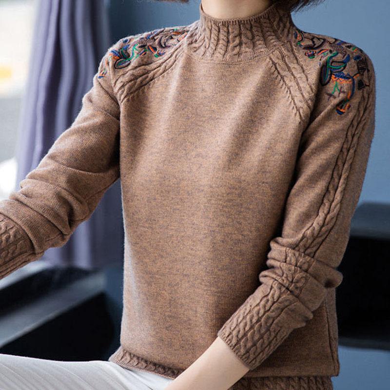 Autumn and Winter, Women's Sweater, Thickened, Warm, Short, Half Turtleneck, Sweater, Loose, Large Size, Embroidered, Pullover, Sweater