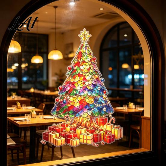 Christmas Theme Window Murals Stained Glass Style Tree Stickers Removable PVC Static Cling Decals for Holiday Home Decor Waterproof Stickers Living