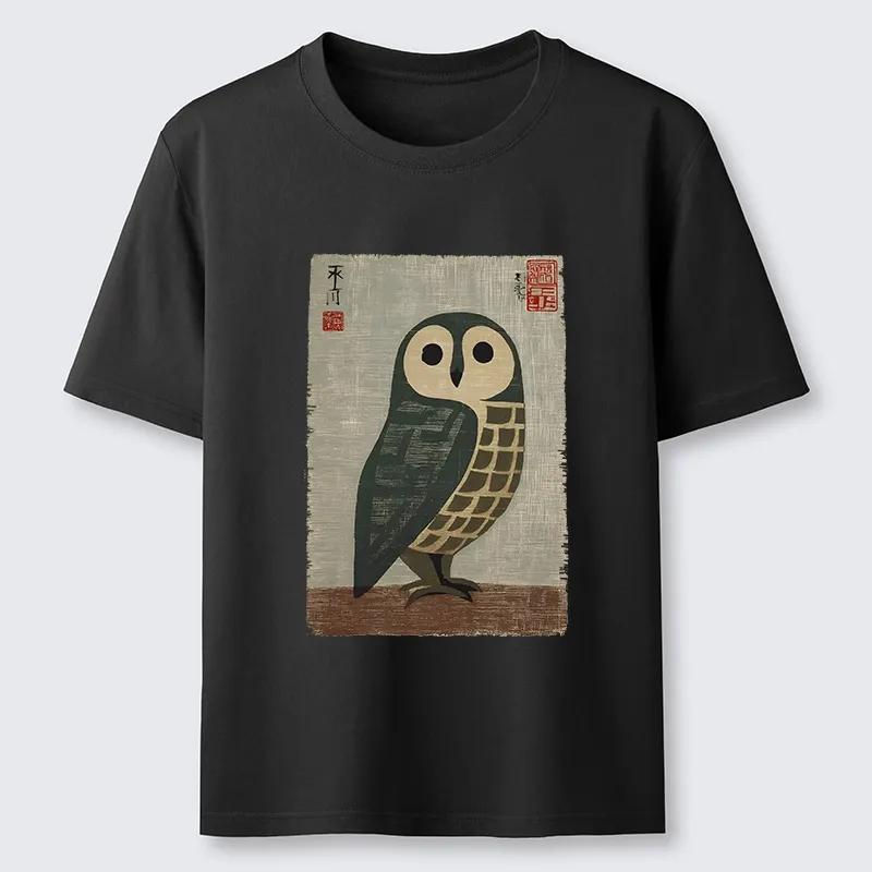 Traditional Owl In Japanese Art TShirt Unisexs and Womens Summer Cotton Clothing Harajuku Fashion Round Neck Short Sleeve Top