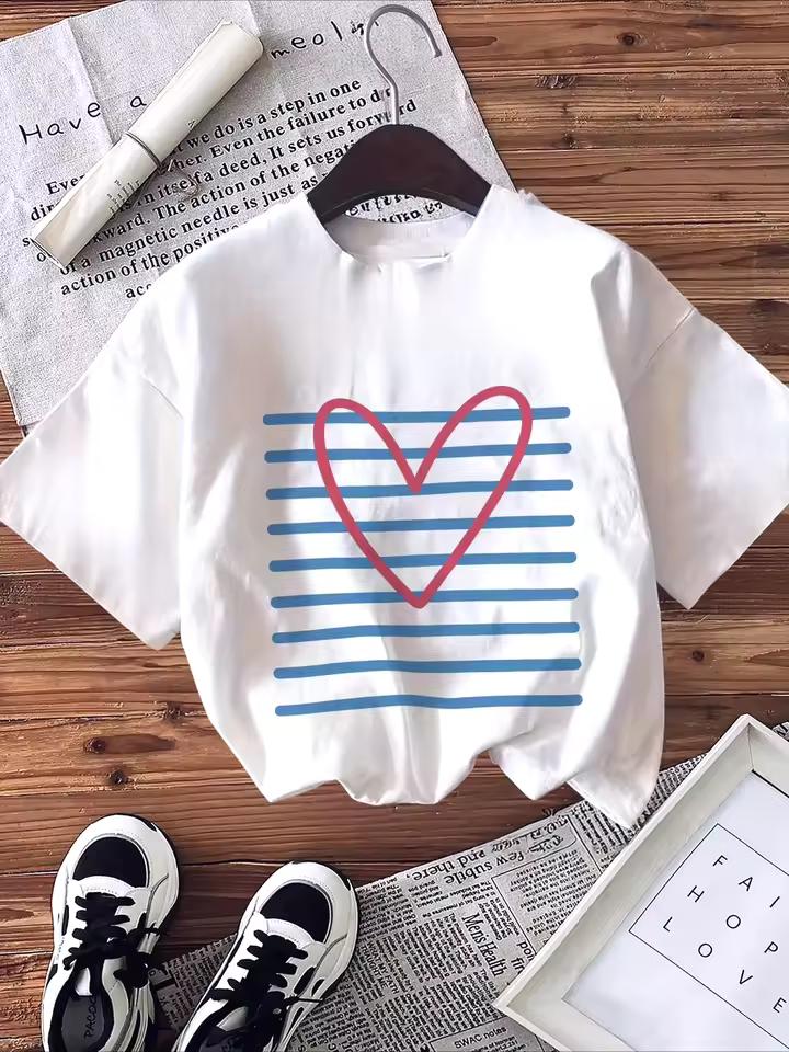 Heart Stripes Graphic T-shirt Vintage Washed Preppy Coquette Harajuku Unisex Oversized Crew Neck Cotton Short Sleeve Tee Tops