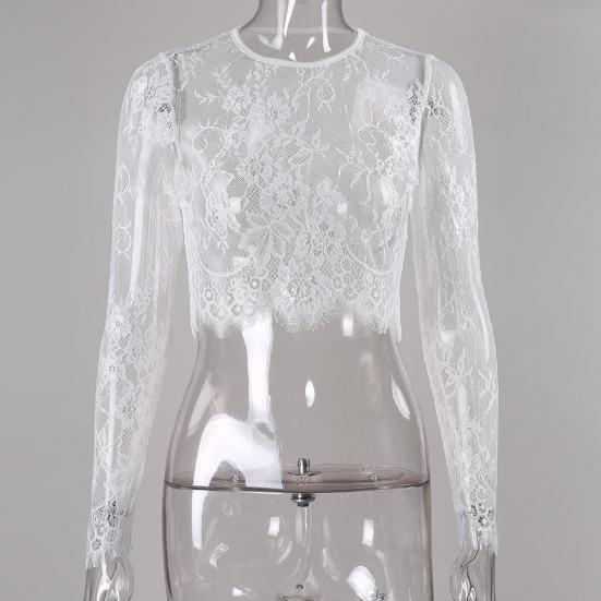 O-Neck Long Sleeve Embroidery Pattern Crop Top Women See-Through Floral Lace Blouse