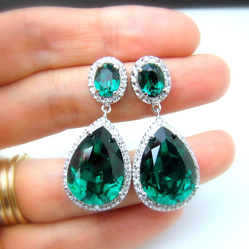 Huitan Green/Blue Cubic Zircon Drop Earrings for Women Luxury Elegant Lady Engagement Wedding Party Ear Accessories Jewelry