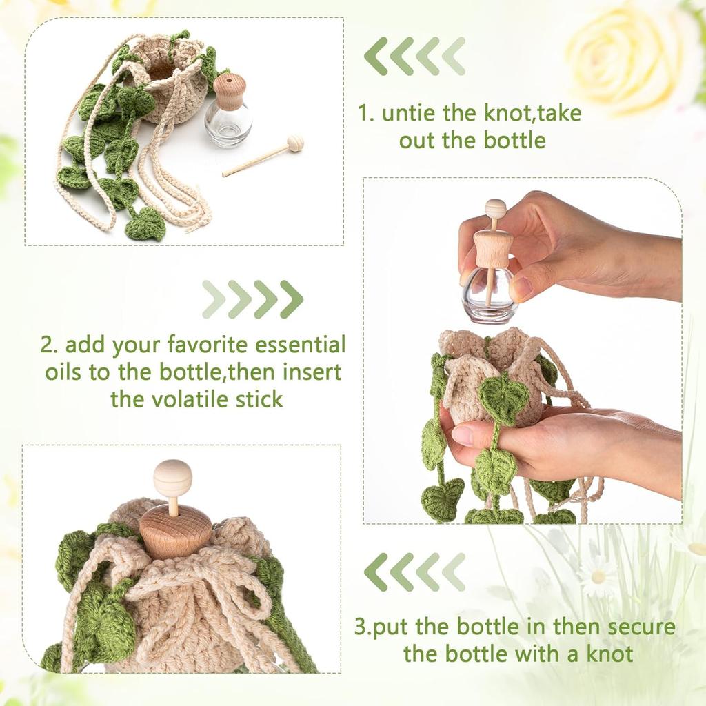 Cute Crochet Plant Car Freshener 12Ml Empty Refillable Diffuser Bottle With Plants Hanging Accessories For Rearview Mirror Home Office Decor Women