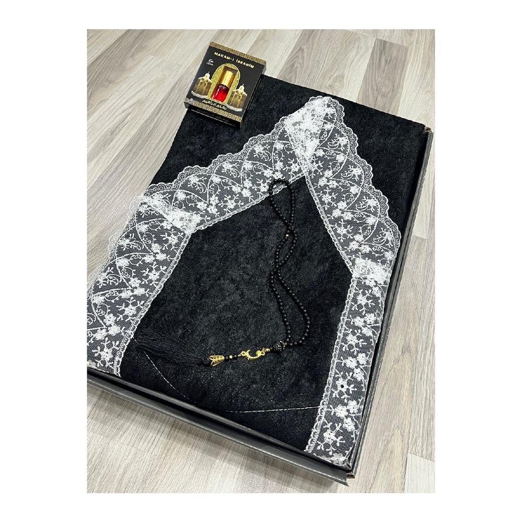 3 Piece Prayer Rug Set, Dowry Bundle Boxed, Velvet Laced Bride And Groom Set