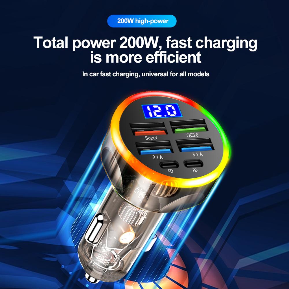 Автомобильное зарядное устройство QC3.0 PD мощностью 200 Вт, тип C, быстрая зарядка, автомобильный адаптер для мобильных телефонов iPhone, Samsung, Huawei, Xiaomi, QC, USB A+USB C