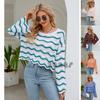 2024 Spring and Autumn New European and American Women's Fashion Long Sleeve Hoodie Round Neck Knitted Striped Sweater