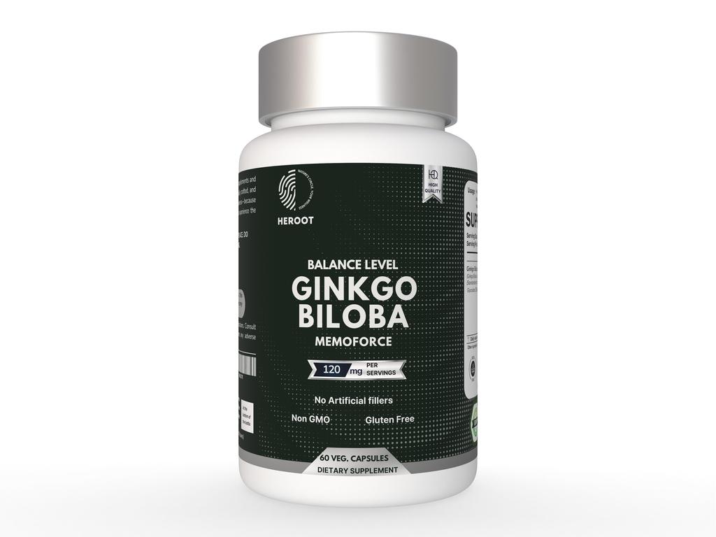 Heroot Ginkgo Biloba Extract 120mg – Herbal Supplement for Memory, Focus & Wellbeing – 60 Veg Capsules