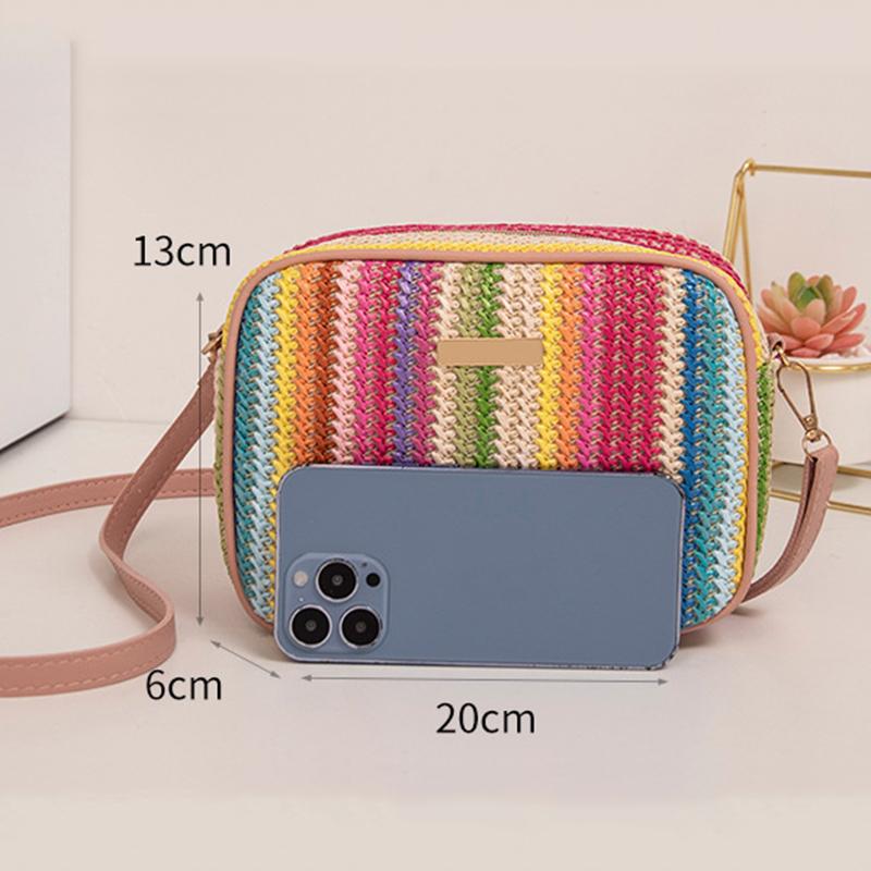 Fashion Women Rainbow Striped Crossbody Shoulder Bag for Girls Small Purse and Handbag Ladies Straw Woven Shell Beach Bag ARI