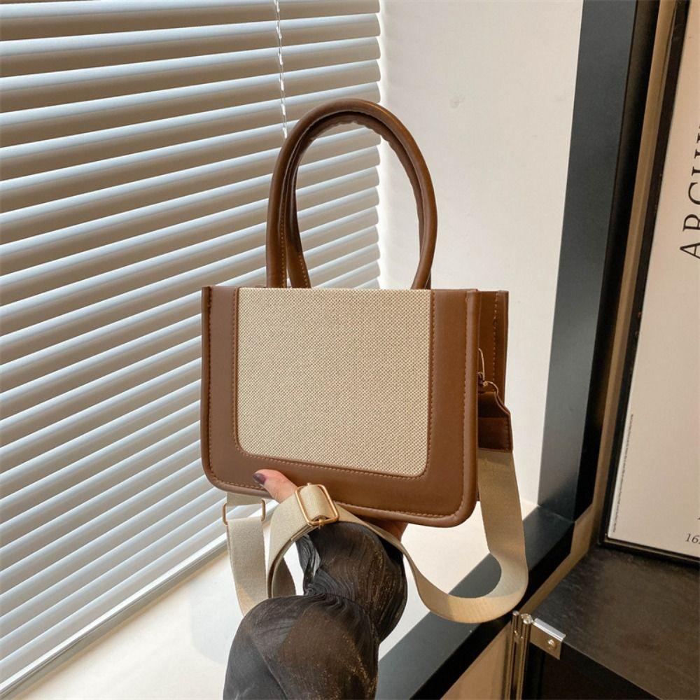 Top-Handle Woven Shoulder Bag Elegant Grass Woven Crossbody Bag Splicing Color Handbag Travel