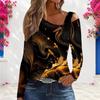 Women Plus Size Asymmetric Cutout Neck Cold Shoulder Long Sleeve Galaxy Printed Fitted Top