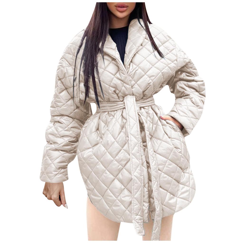 Women's Long Sleeve Rhombus Solid Color Thickened Button Cotton Outerwear Coat  Jacket