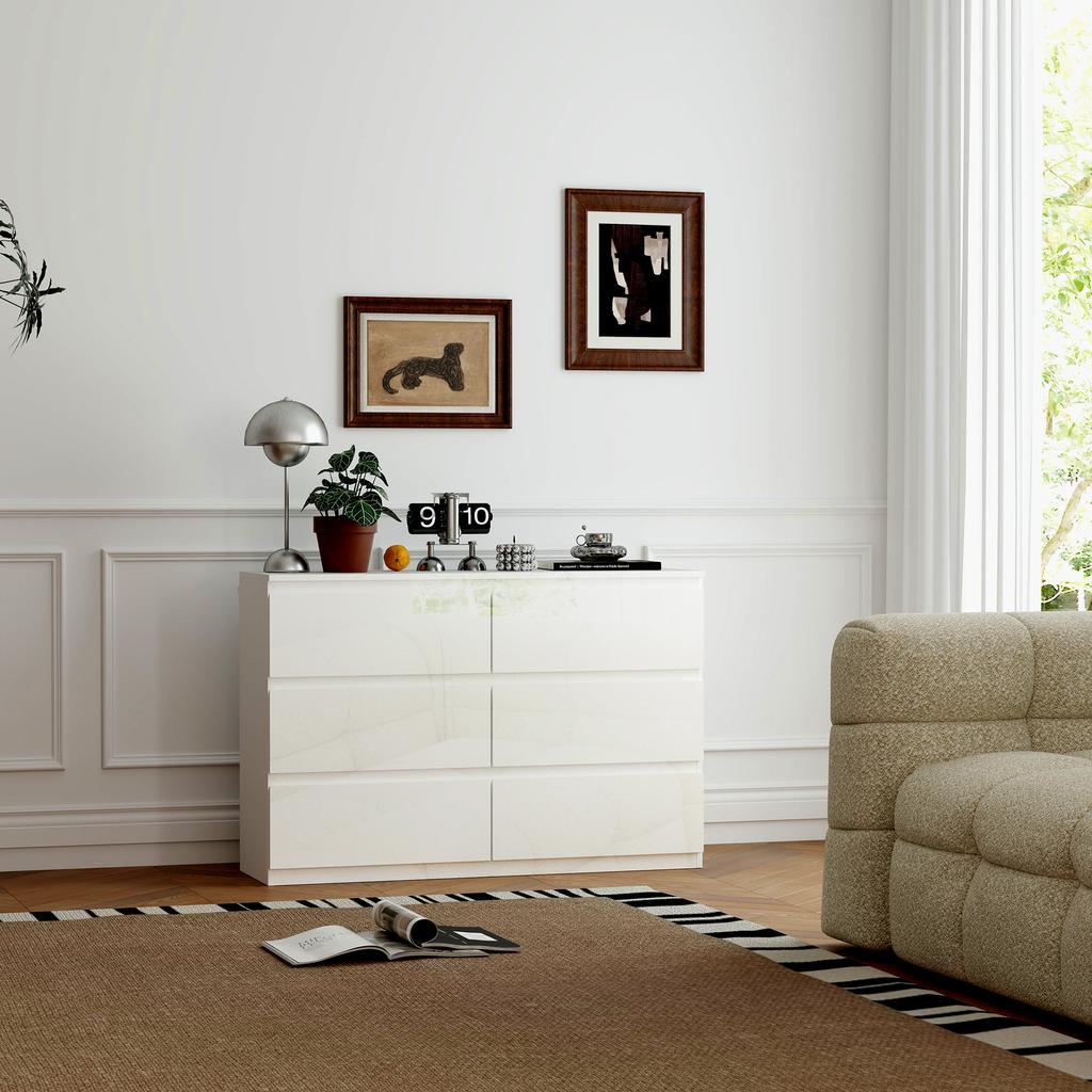Wooden Dresser With 6 Drawers Bedroom Dresser White Living Room Dresser Modern Style 112x34x75 Cm Glossy White