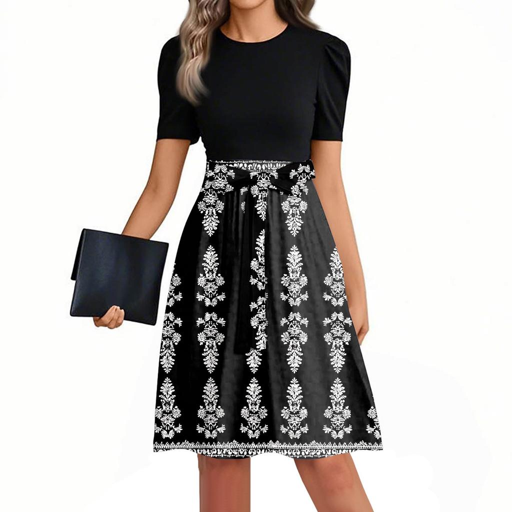 Women's Fashionable Casual Belt Short Sleeved Round Neck Printed Patchwork Dress