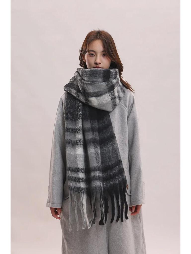 Женский толстый клетчатый шарф 2024 года: Корейский стиль, британская элегантность, теплая шаль для осени и зимы