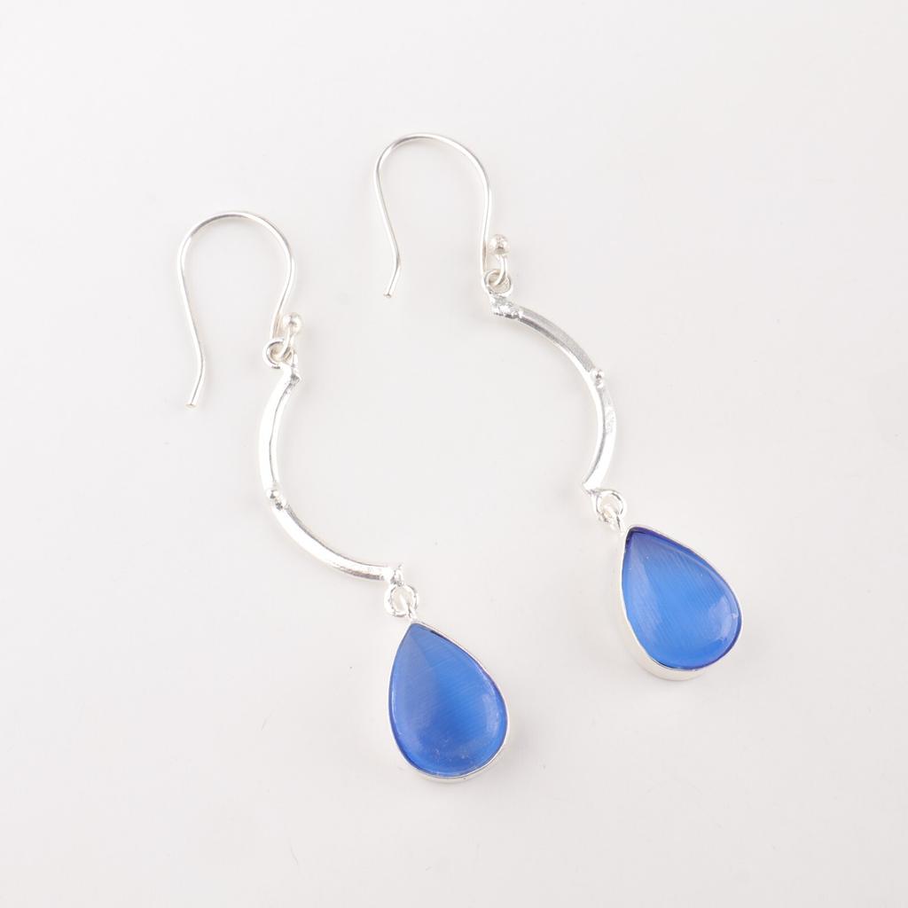 Dark Blue Cat's Eye Gemstone 925 Sterling Silver Jewelry Handmade Earrings 2.60" EE-43-42