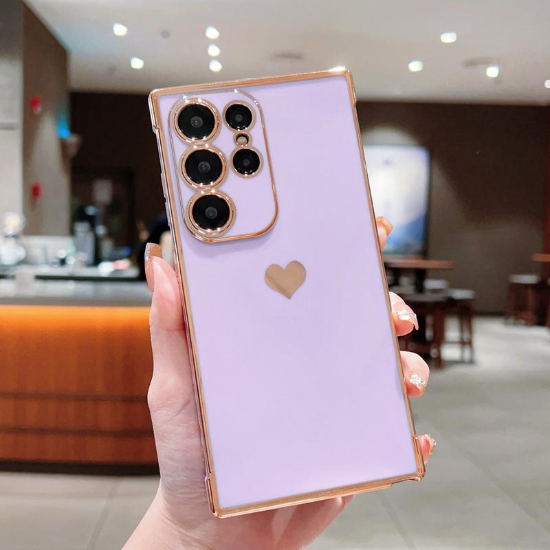 Solid Color Love Heart Print Slim Case For Samsung Galaxy S25 Ultra S24 FE S23 S22 S21 A16 A55 A15 A35 A25 A14 Plating TPU Soft Shockproof Phone Cover