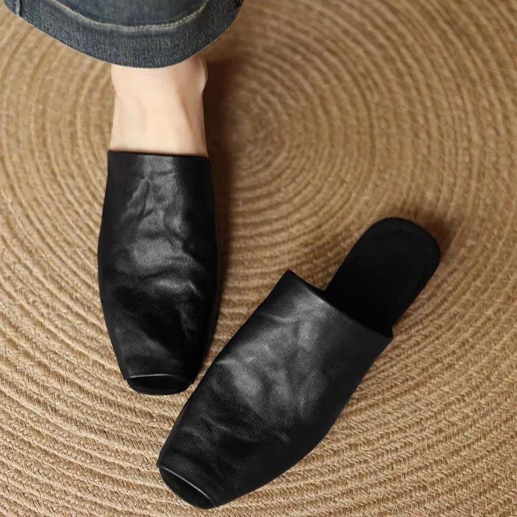 Ретро Мюли с квадратным носком Женские летние для улицы Французские повседневные сандалии на плоской подошве Новая мода 2025 Резина Улучшенная версия