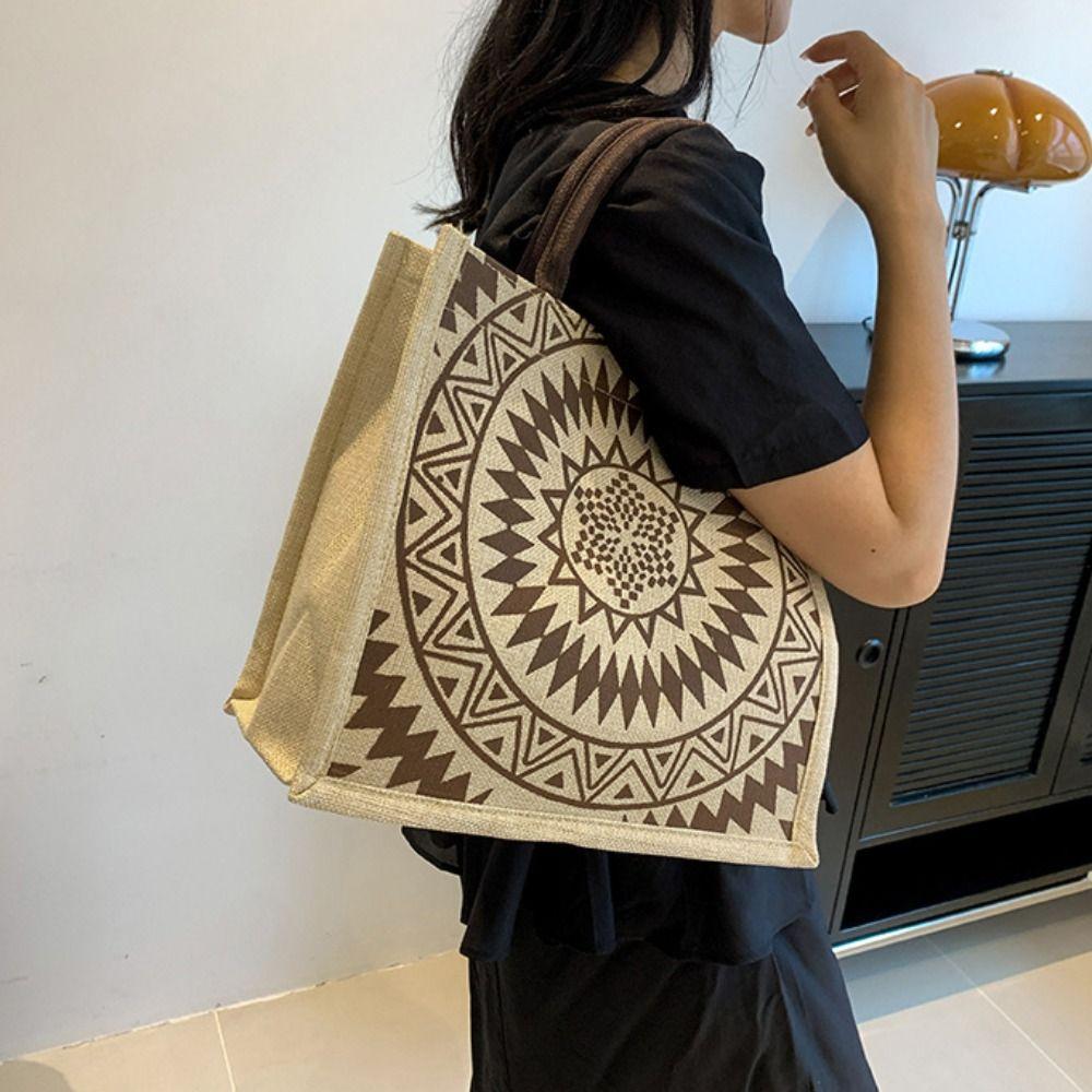 Tote Bag Ethnic Style Handbag Canvas Embroidery Shoulder Bag Geometric Cloth Bag Storage Bag