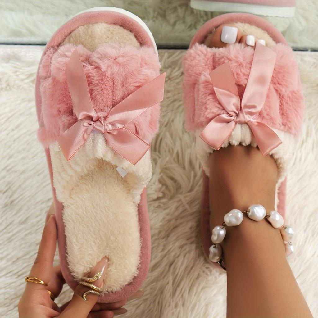 Warm Bowknot Decor Slippers, Casual Open Toe Plush Shoes, Comfortable Indoor Home Slippers