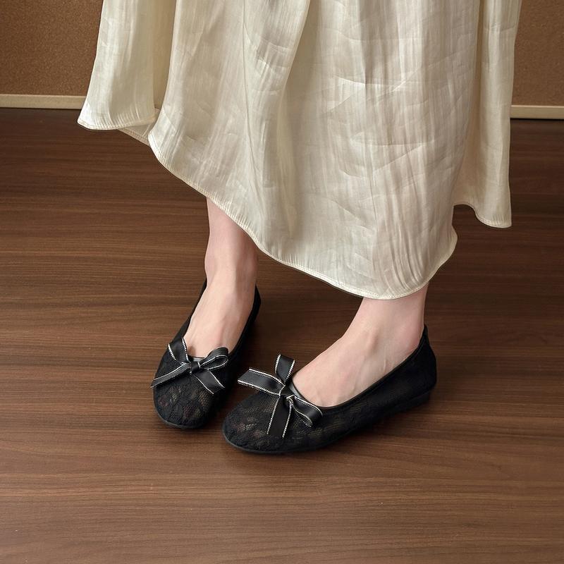 Мода 2025 Новые женские туфли-лодочки с круглым носком, мелким вырезом, бантом, сеткой и кружевом, дышащие, на мягкой подошве, плоские, сетчатые, весенне-летние, новые