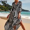 Женская мода, лето, весна, принт зебры, повседневные платья с длинным рукавом и v-образным вырезом