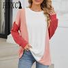 Женская мода повседневная осень-зима цветные блоки с принтом длинный рукав O-образный вырез блузки и рубашки