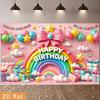 2D Pink Happy Birthday Backdrop Banner, Rainbow & Balloons Party Decor