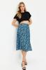 Women's Fashion Purple Printed High Waist Midi Stretchy Knitted Skirt with Gather Detail and Flounce