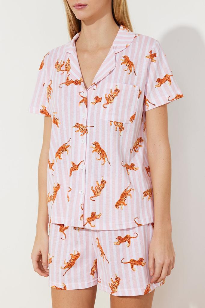 Women's Fashion Multicolored 100% Cotton Striped Animal Pattern Knitted Pajama Set