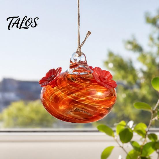 Кормушка для колибри Talos из выдувного стекла, цветная подвесная кормушка для нектара с двумя цветочными кормушками для декора сада и заднего двора