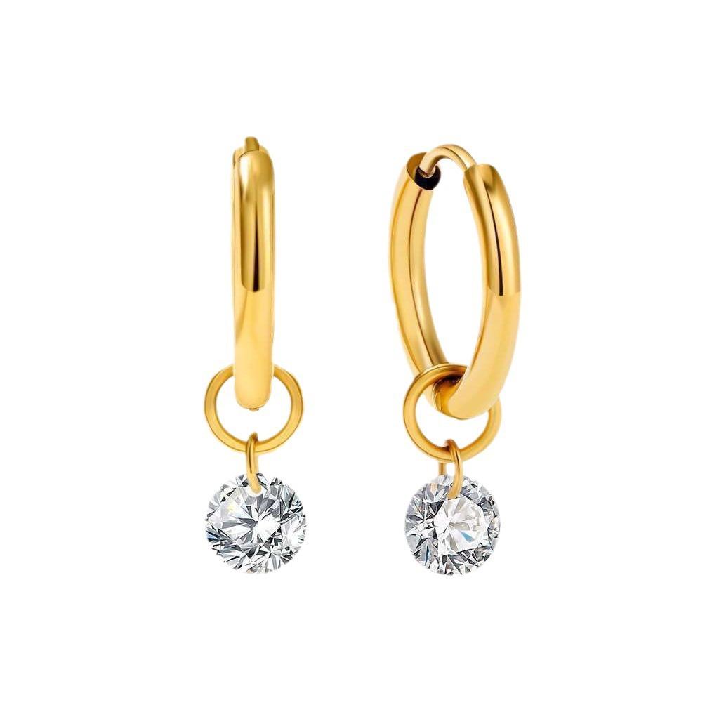 Hip-hop Personality Shiny Teardrop-shaped Zircon Pendant Gold Color Stainless Steel Hoop Earrings for Women Fashion Jewelry Gift