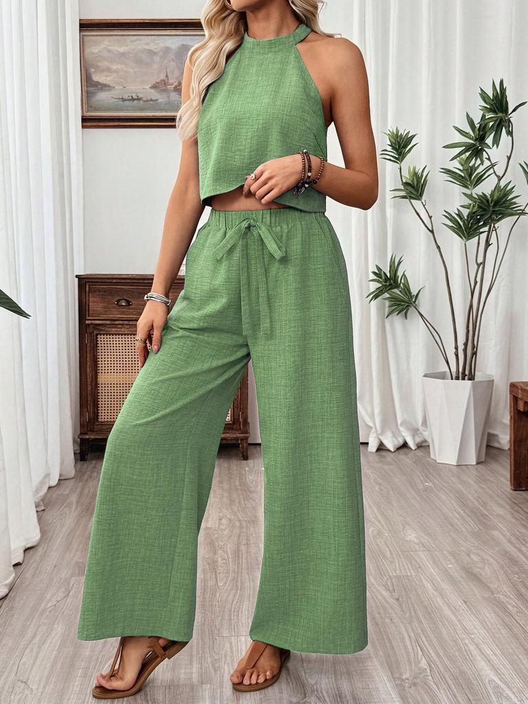 1116 European and American women's clothing spring and summer solid color sleeveless neck hanging two-piece set casual vest wide-leg pants trousers