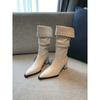 Full of Personality! Pleated Stacked Boots Are Popular This Year, White Rivet Pointed Thick Heel Medium Tube Fashion Boots