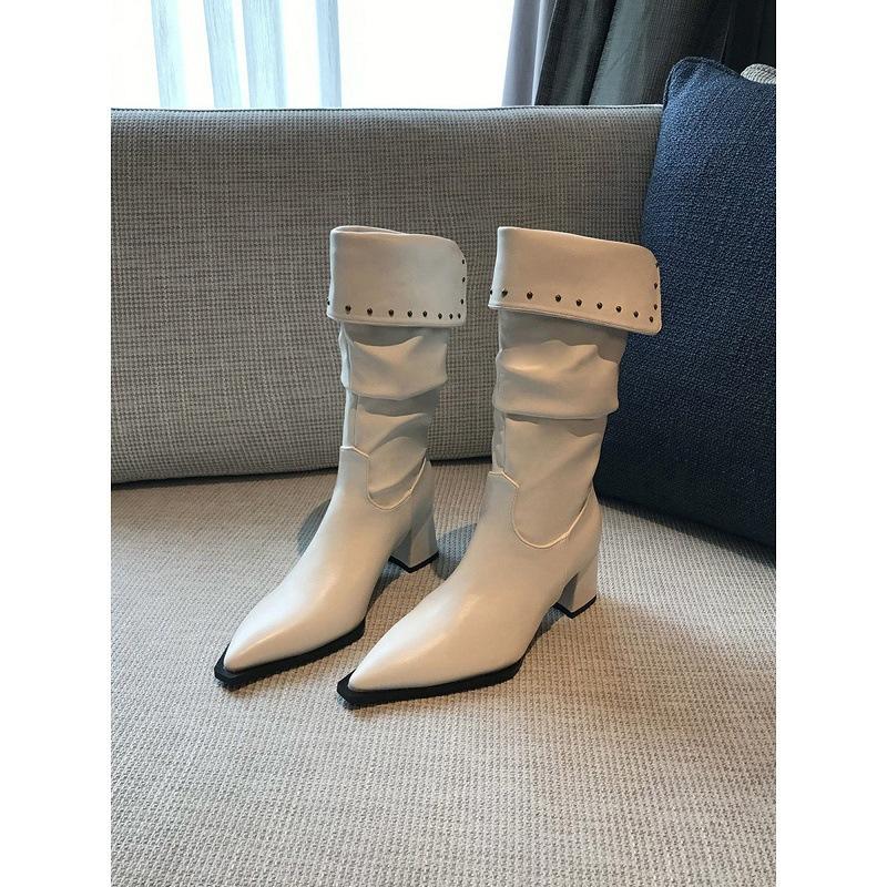 Full of Personality! Pleated Stacked Boots Are Popular This Year, White Rivet Pointed Thick Heel Medium Tube Fashion Boots